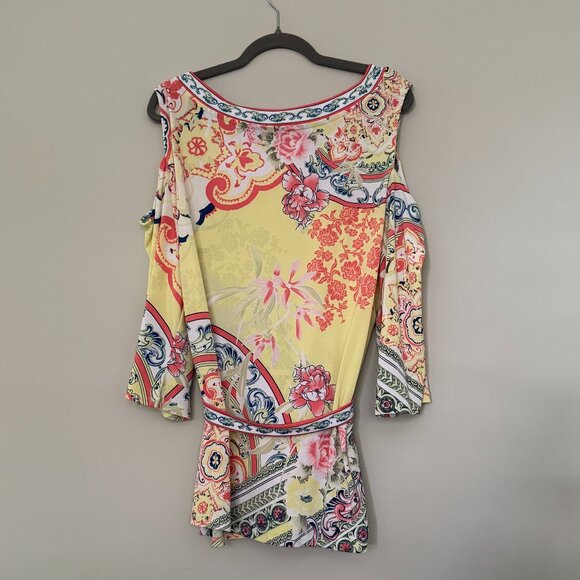 Colorful Floral Cold-Shoulder Belted 3/4 Length Sleeve Top XL - Picture 4 of 5